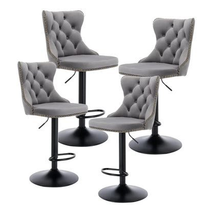 4x Height Adjustable Swivel Bar Stool Velvet Nailhead Barstool with Footrest - Mekamart Australia