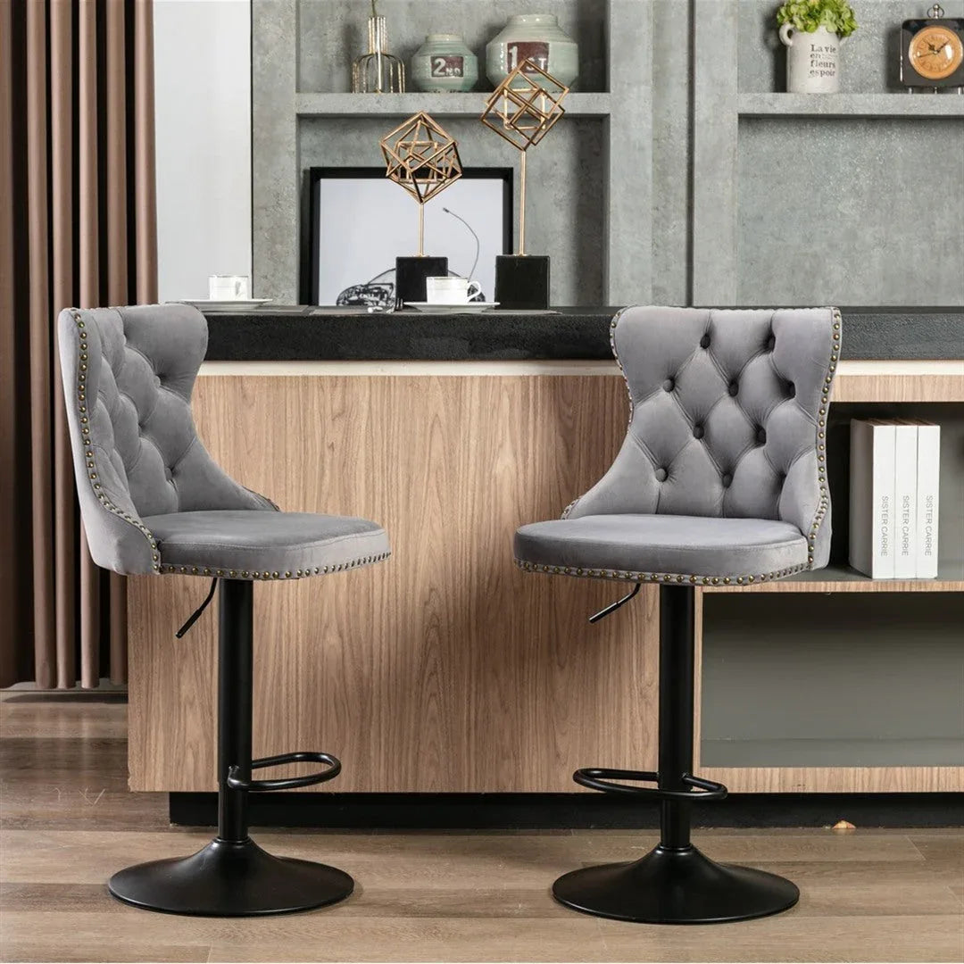 4x Height Adjustable Swivel Bar Stool Velvet Nailhead Barstool with Footrest - Mekamart Australia