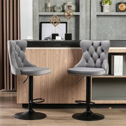 4x Height Adjustable Swivel Bar Stool Velvet Nailhead Barstool with Footrest - Mekamart Australia
