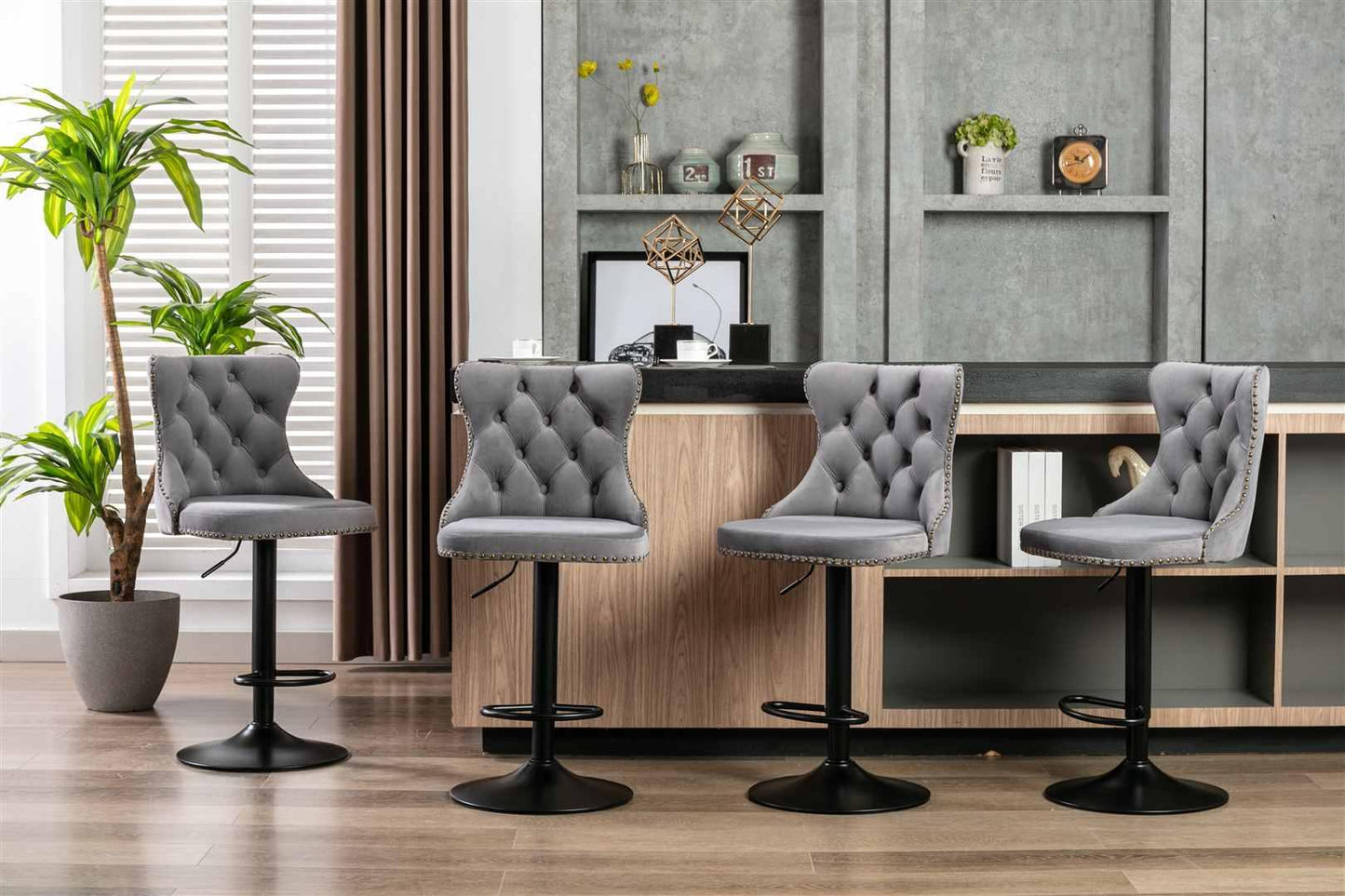 4x Height Adjustable Swivel Bar Stool Velvet Nailhead Barstool with Footrest - Mekamart Australia