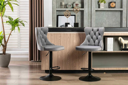 4x Height Adjustable Swivel Bar Stool Velvet Nailhead Barstool with Footrest - Mekamart Australia