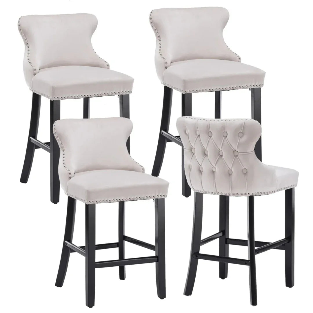 4x Velvet Upholstered Button Tufted Bar Stools with Wood Legs and Studs-Beige - Mekamart Australia