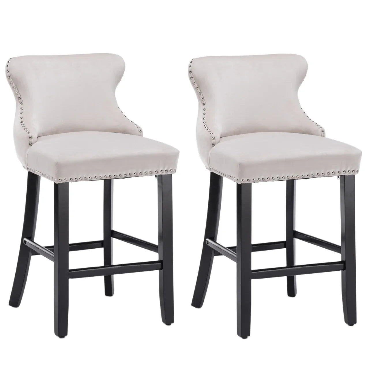 4x Velvet Upholstered Button Tufted Bar Stools with Wood Legs and Studs-Beige - Mekamart Australia