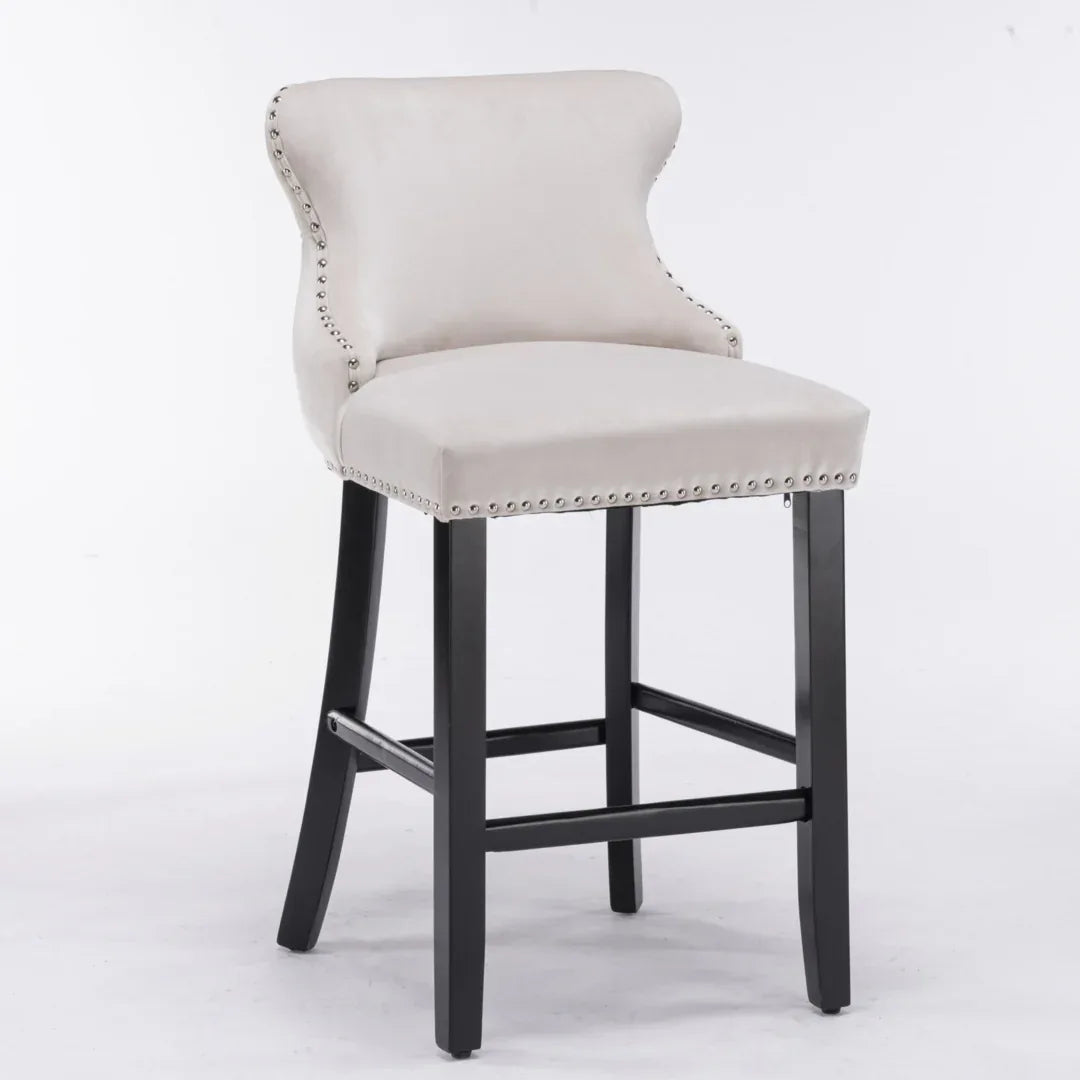 4x Velvet Upholstered Button Tufted Bar Stools with Wood Legs and Studs-Beige - Mekamart Australia