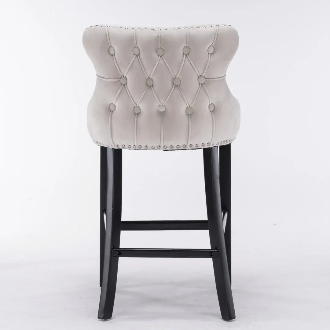 4x Velvet Upholstered Button Tufted Bar Stools with Wood Legs and Studs-Beige - Mekamart Australia