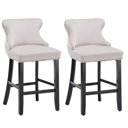 2x Velvet Upholstered Button Tufted Bar Stools with Wood Legs and Studs-Beige - Mekamart Australia