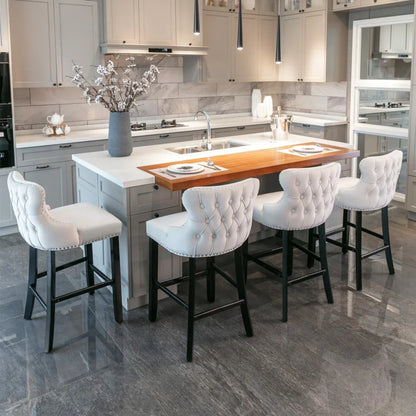 2x Velvet Upholstered Button Tufted Bar Stools with Wood Legs and Studs-Beige - Mekamart Australia