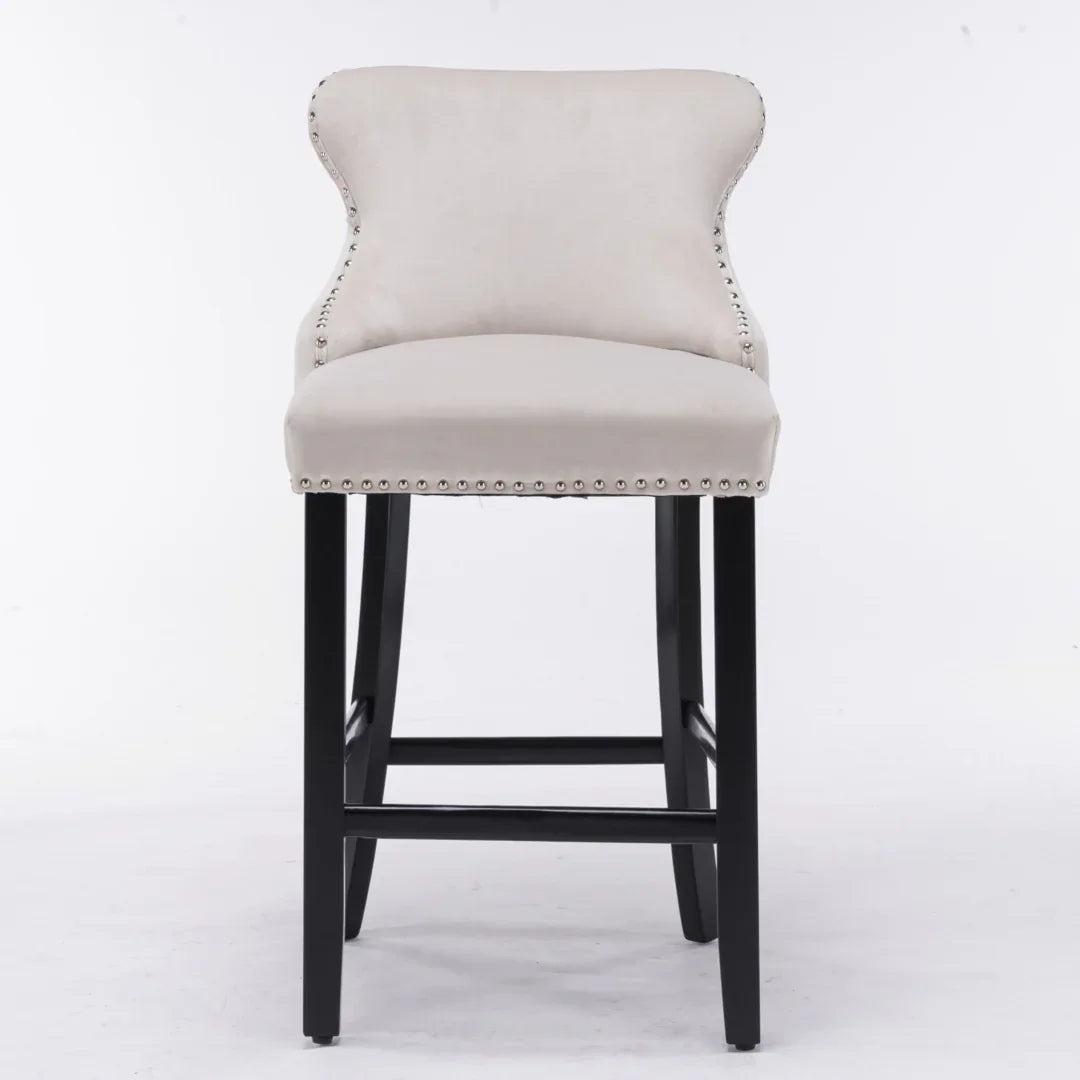 2x Velvet Upholstered Button Tufted Bar Stools with Wood Legs and Studs-Beige - Mekamart Australia