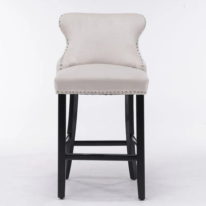 2x Velvet Upholstered Button Tufted Bar Stools with Wood Legs and Studs-Beige - Mekamart Australia