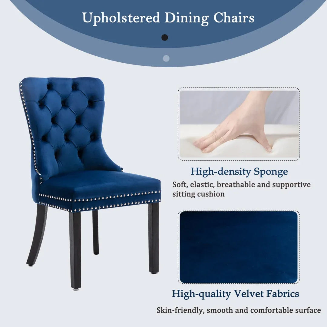 2x Velvet Dining Chairs Upholstered Tufted Kithcen Chair with Solid Wood Legs Stud Trim and Ring-Blue - Mekamart Australia