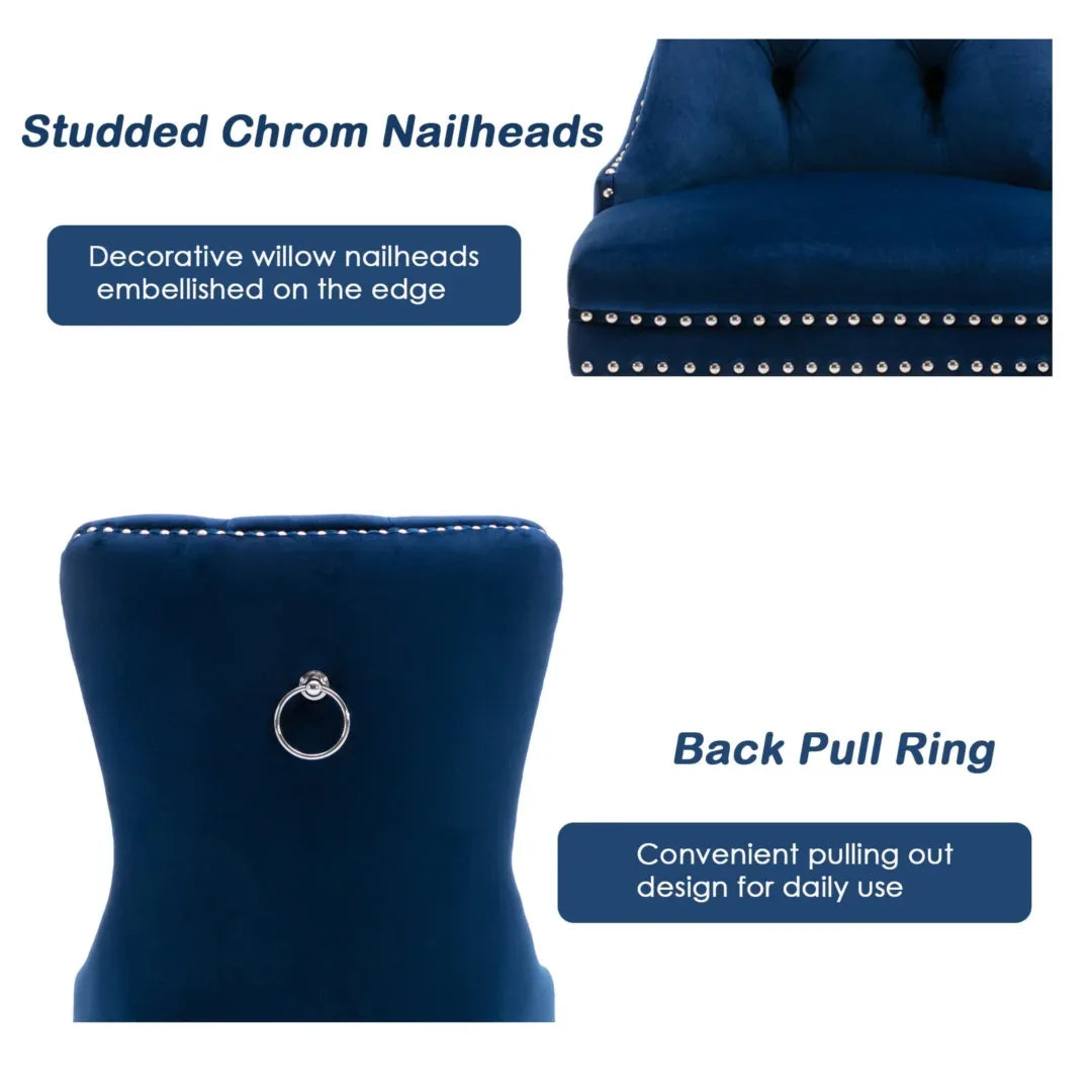 2x Velvet Dining Chairs Upholstered Tufted Kithcen Chair with Solid Wood Legs Stud Trim and Ring-Blue - Mekamart Australia