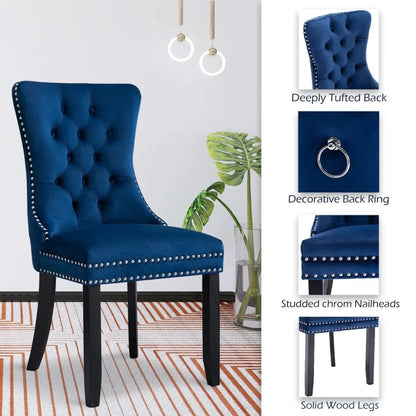 2x Velvet Dining Chairs Upholstered Tufted Kithcen Chair with Solid Wood Legs Stud Trim and Ring-Blue - Mekamart Australia