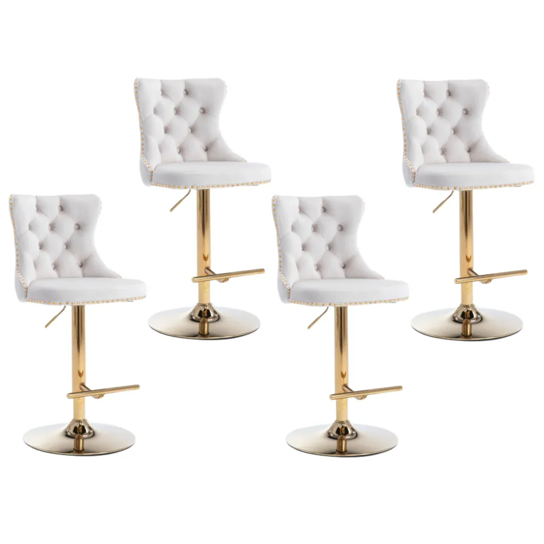 4x Height Adjustable Swivel Bar Stool Velvet Studs Barstool with Footrest and Golden Base- Beige - Mekamart Australia