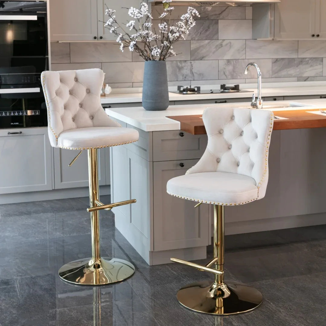 4x Height Adjustable Swivel Bar Stool Velvet Studs Barstool with Footrest and Golden Base- Beige - Mekamart Australia