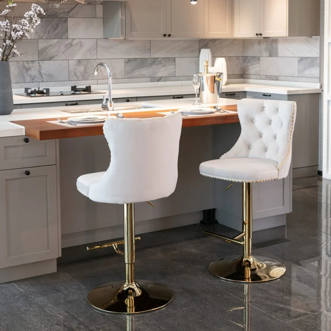4x Height Adjustable Swivel Bar Stool Velvet Studs Barstool with Footrest and Golden Base- Beige - Mekamart Australia
