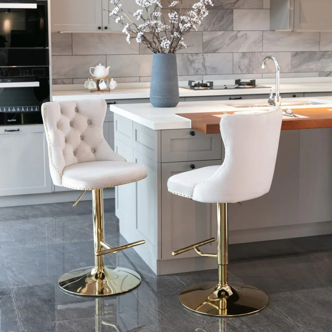 4x Height Adjustable Swivel Bar Stool Velvet Studs Barstool with Footrest and Golden Base- Beige - Mekamart Australia