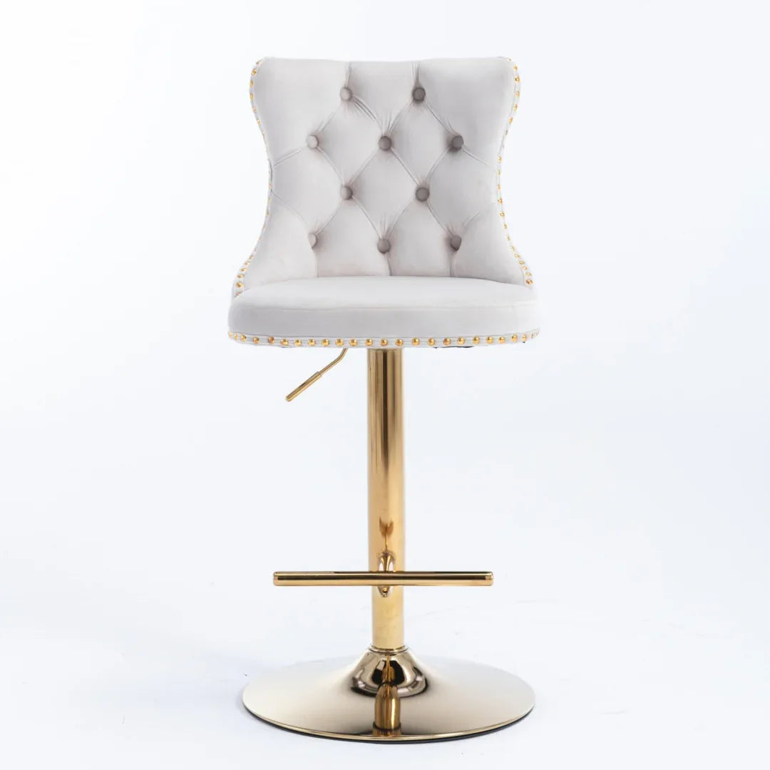 2x Height Adjustable Swivel Bar Stool Velvet Studs Barstool with Footrest and Golden Base- Beige - Mekamart Australia