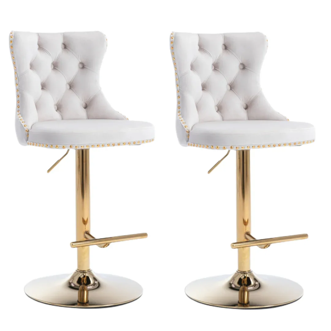 2x Height Adjustable Swivel Bar Stool Velvet Studs Barstool with Footrest and Golden Base- Beige - Mekamart Australia