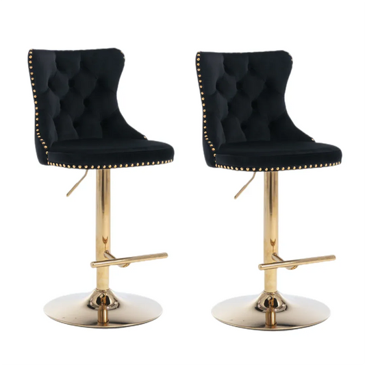 4x Height Adjustable Swivel Bar Stool Velvet Studs Barstool with Footrest and Golden Base- Black - Mekamart Australia