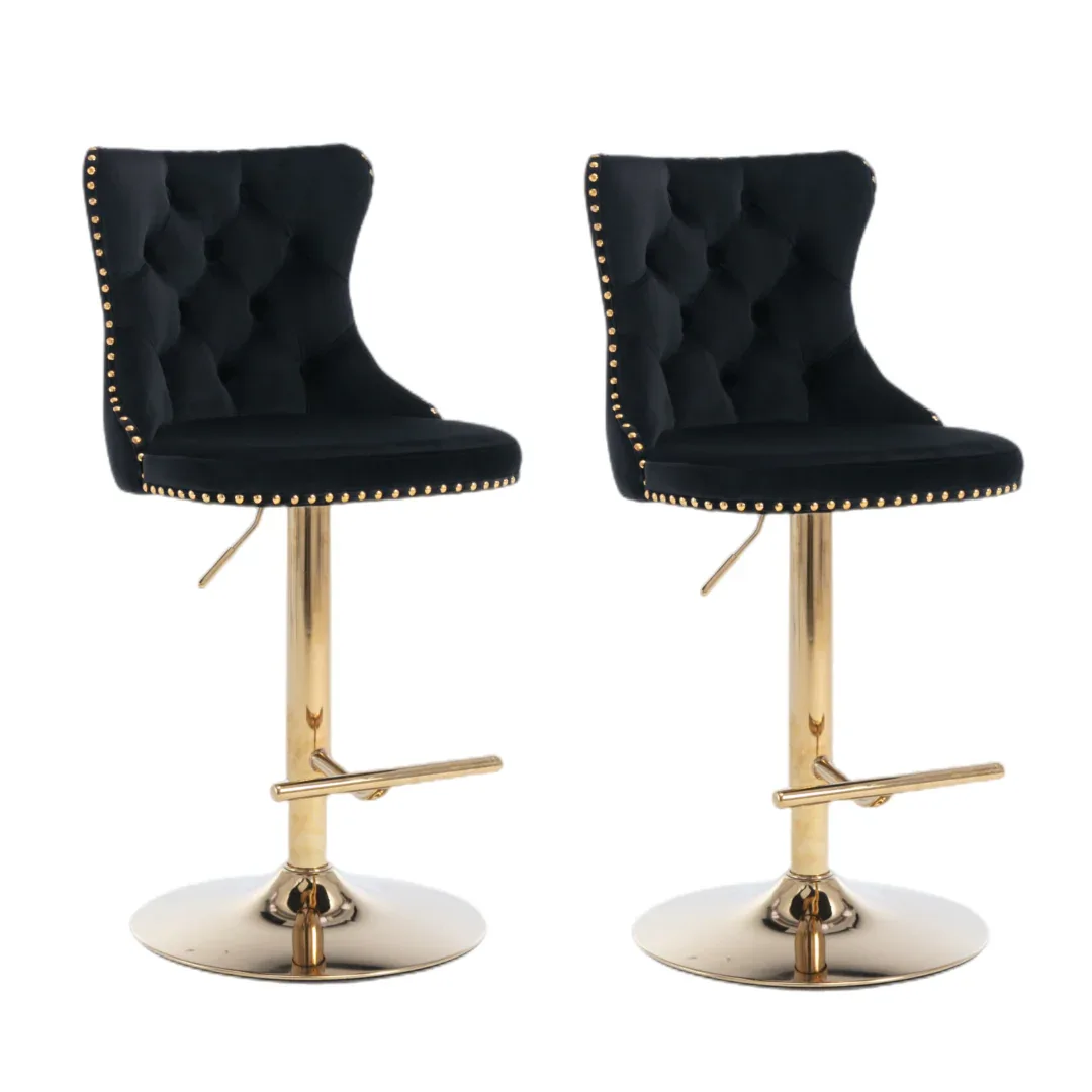 4x Height Adjustable Swivel Bar Stool Velvet Studs Barstool with Footrest and Golden Base- Black - Mekamart Australia