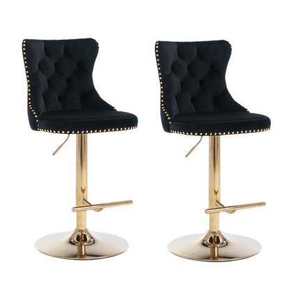 4x Height Adjustable Swivel Bar Stool Velvet Studs Barstool with Footrest and Golden Base- Black - Mekamart Australia