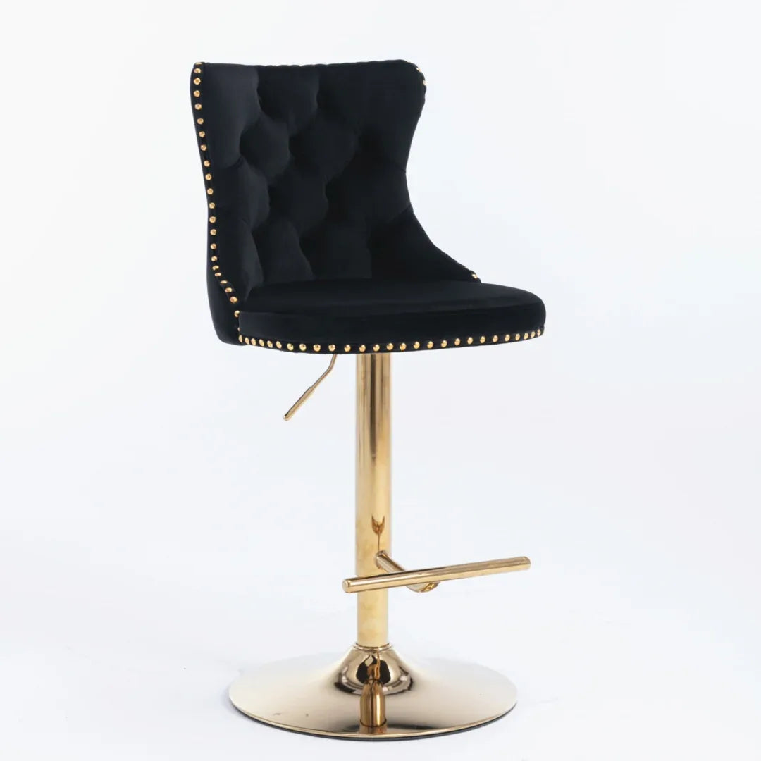4x Height Adjustable Swivel Bar Stool Velvet Studs Barstool with Footrest and Golden Base- Black - Mekamart Australia