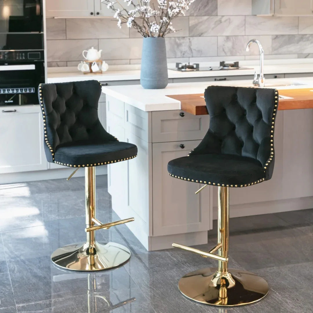 4x Height Adjustable Swivel Bar Stool Velvet Studs Barstool with Footrest and Golden Base- Black - Mekamart Australia