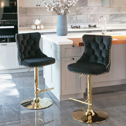 4x Height Adjustable Swivel Bar Stool Velvet Studs Barstool with Footrest and Golden Base- Black - Mekamart Australia