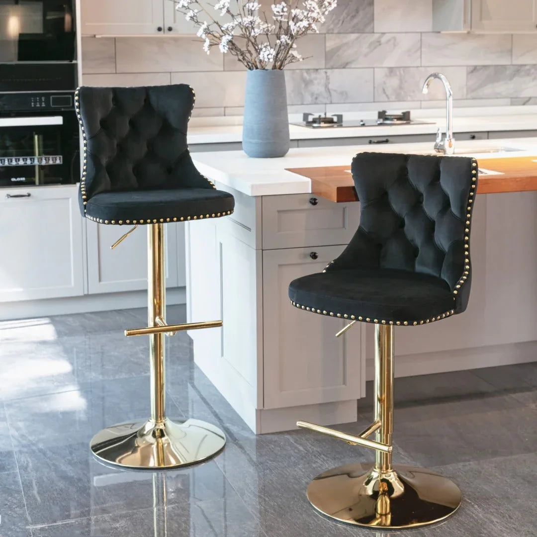 4x Height Adjustable Swivel Bar Stool Velvet Studs Barstool with Footrest and Golden Base- Black - Mekamart Australia