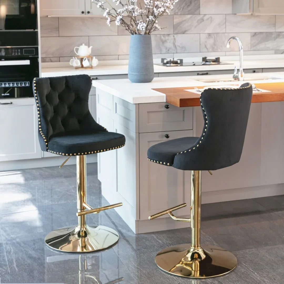 4x Height Adjustable Swivel Bar Stool Velvet Studs Barstool with Footrest and Golden Base- Black - Mekamart Australia