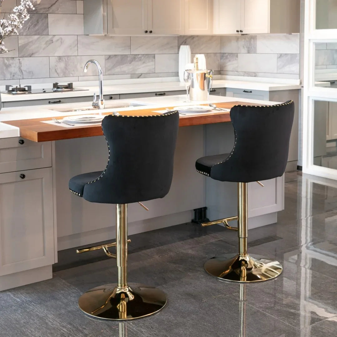 4x Height Adjustable Swivel Bar Stool Velvet Studs Barstool with Footrest and Golden Base- Black - Mekamart Australia