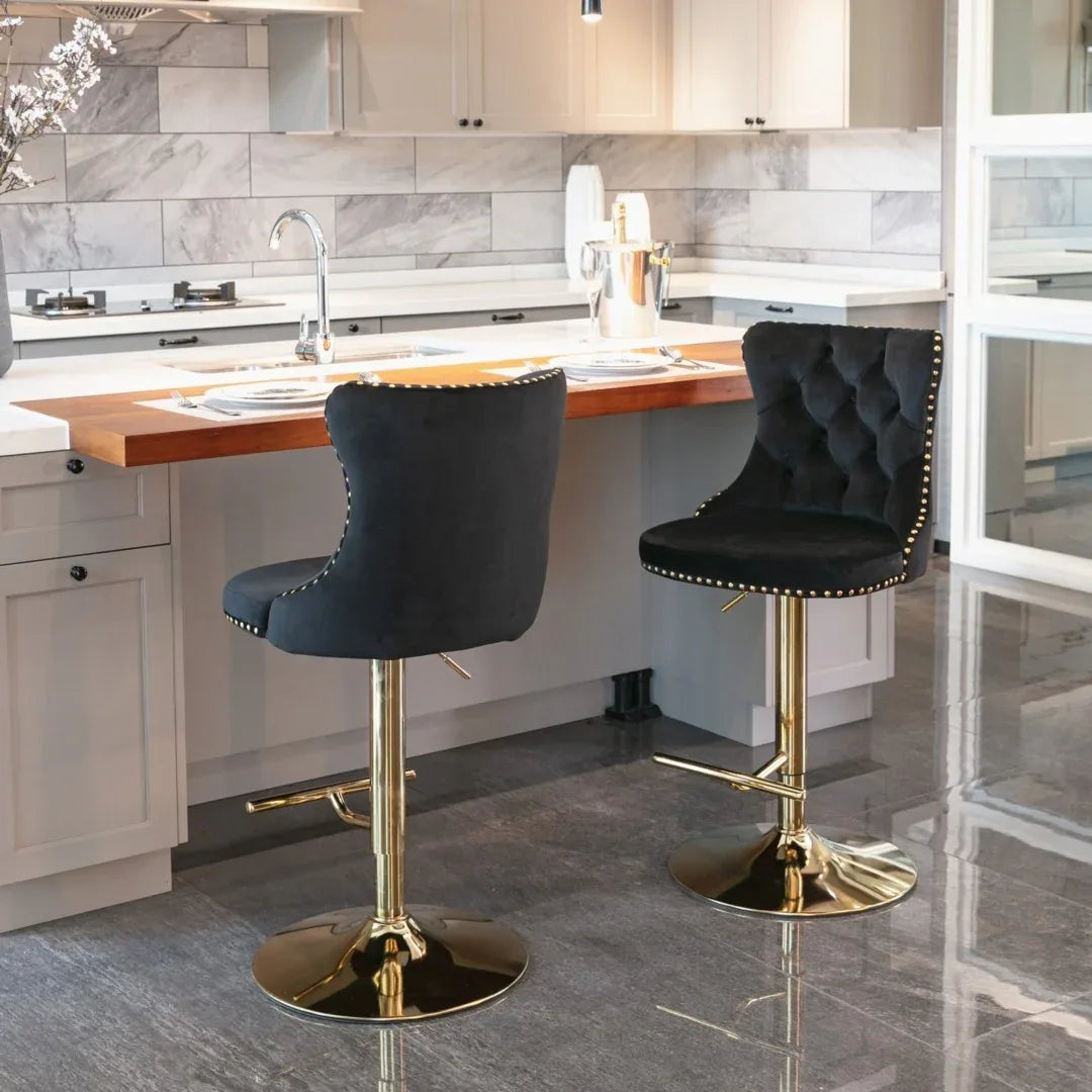 2x Height Adjustable Swivel Bar Stool Velvet Studs Barstool with Footrest and Golden Base- Black - Mekamart Australia