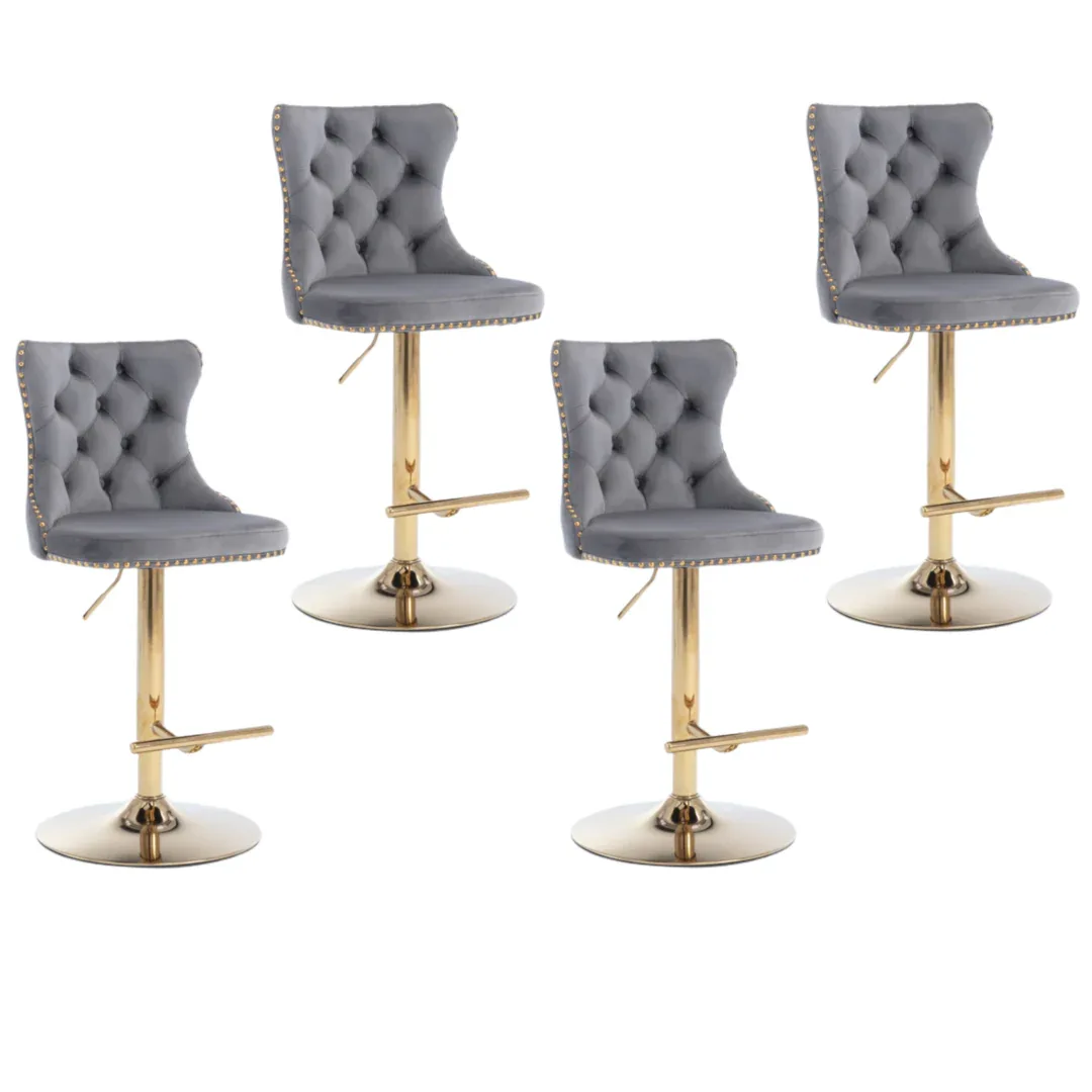 4x Height Adjustable Swivel Bar Stool Velvet Studs Barstool with Footrest and Golden Base- Grey - Mekamart Australia
