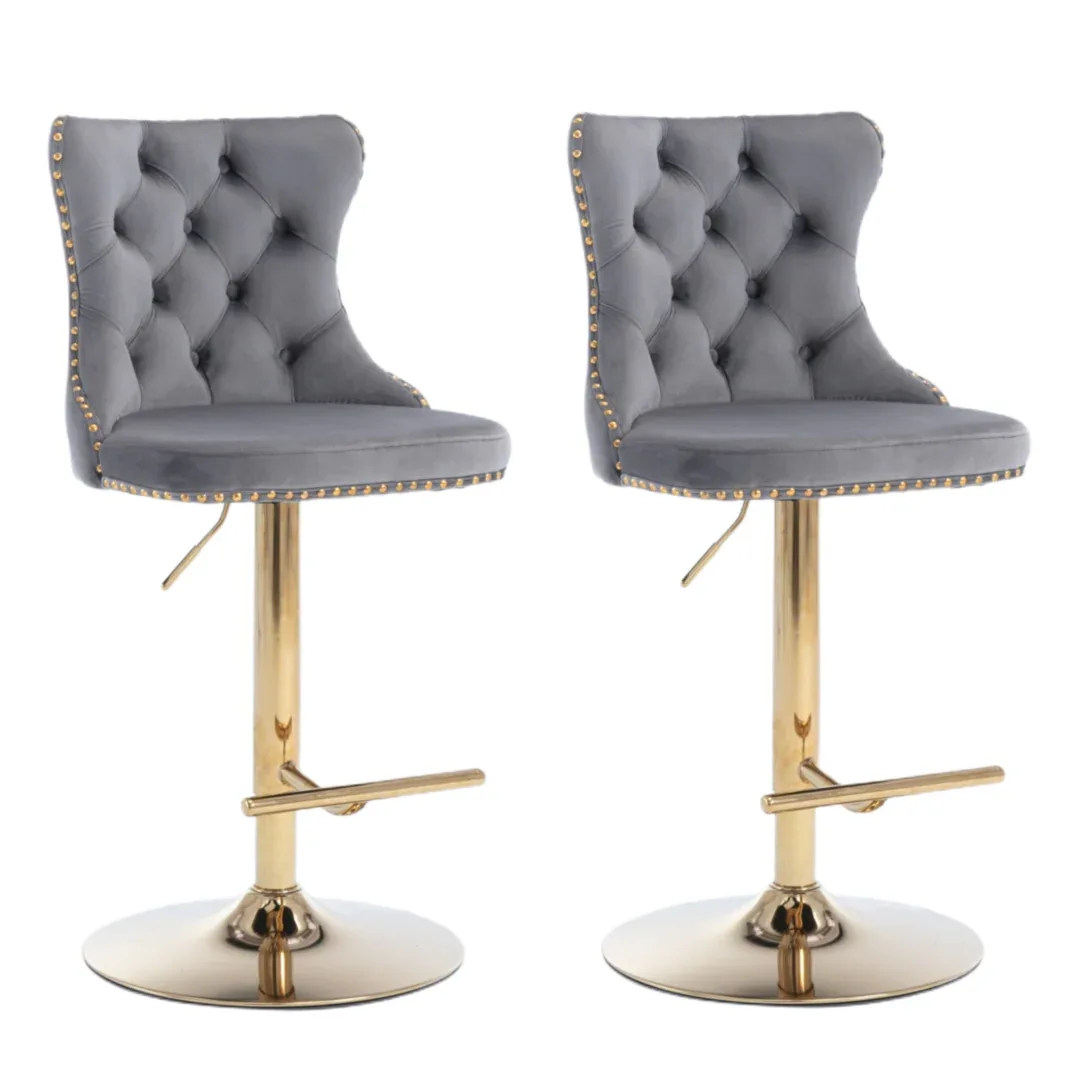 4x Height Adjustable Swivel Bar Stool Velvet Studs Barstool with Footrest and Golden Base- Grey - Mekamart Australia