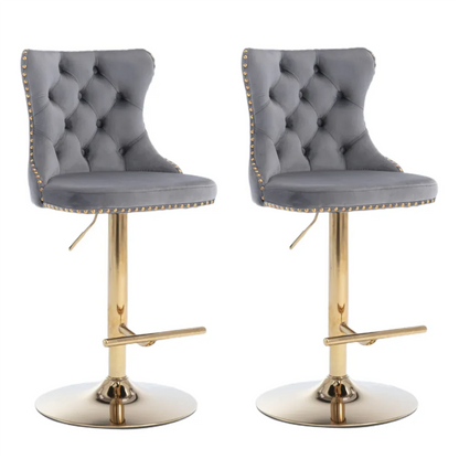 4x Height Adjustable Swivel Bar Stool Velvet Studs Barstool with Footrest and Golden Base- Grey - Mekamart Australia