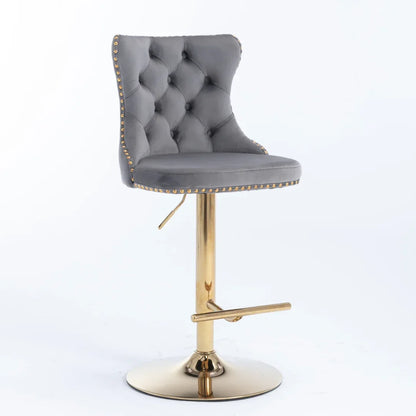 4x Height Adjustable Swivel Bar Stool Velvet Studs Barstool with Footrest and Golden Base- Grey - Mekamart Australia