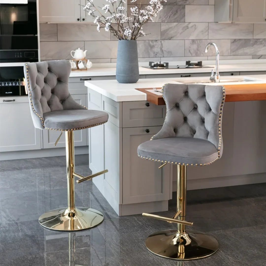 4x Height Adjustable Swivel Bar Stool Velvet Studs Barstool with Footrest and Golden Base- Grey - Mekamart Australia