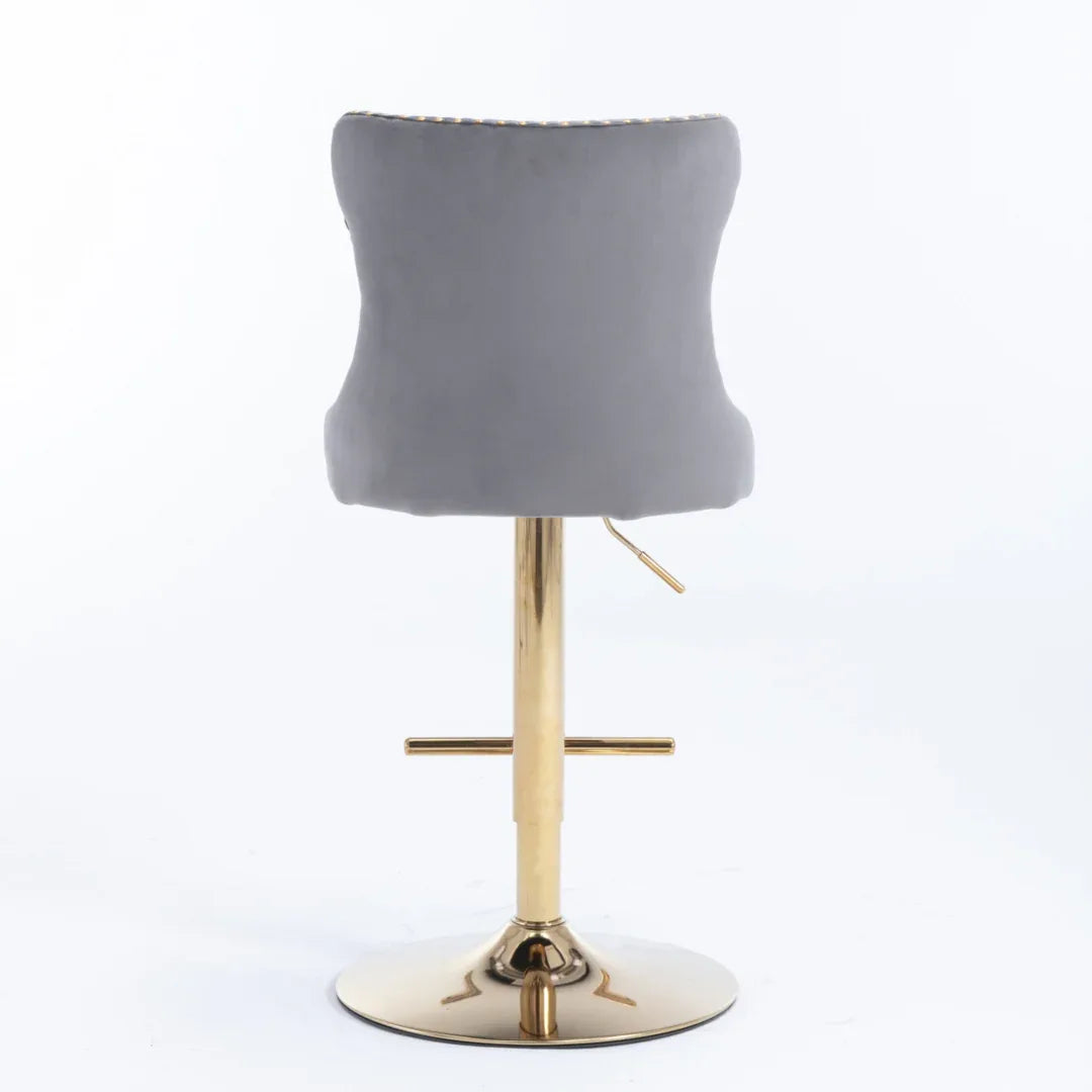 2x Height Adjustable Swivel Bar Stool Velvet Studs Barstool with Footrest and Golden Base- Grey - Mekamart Australia