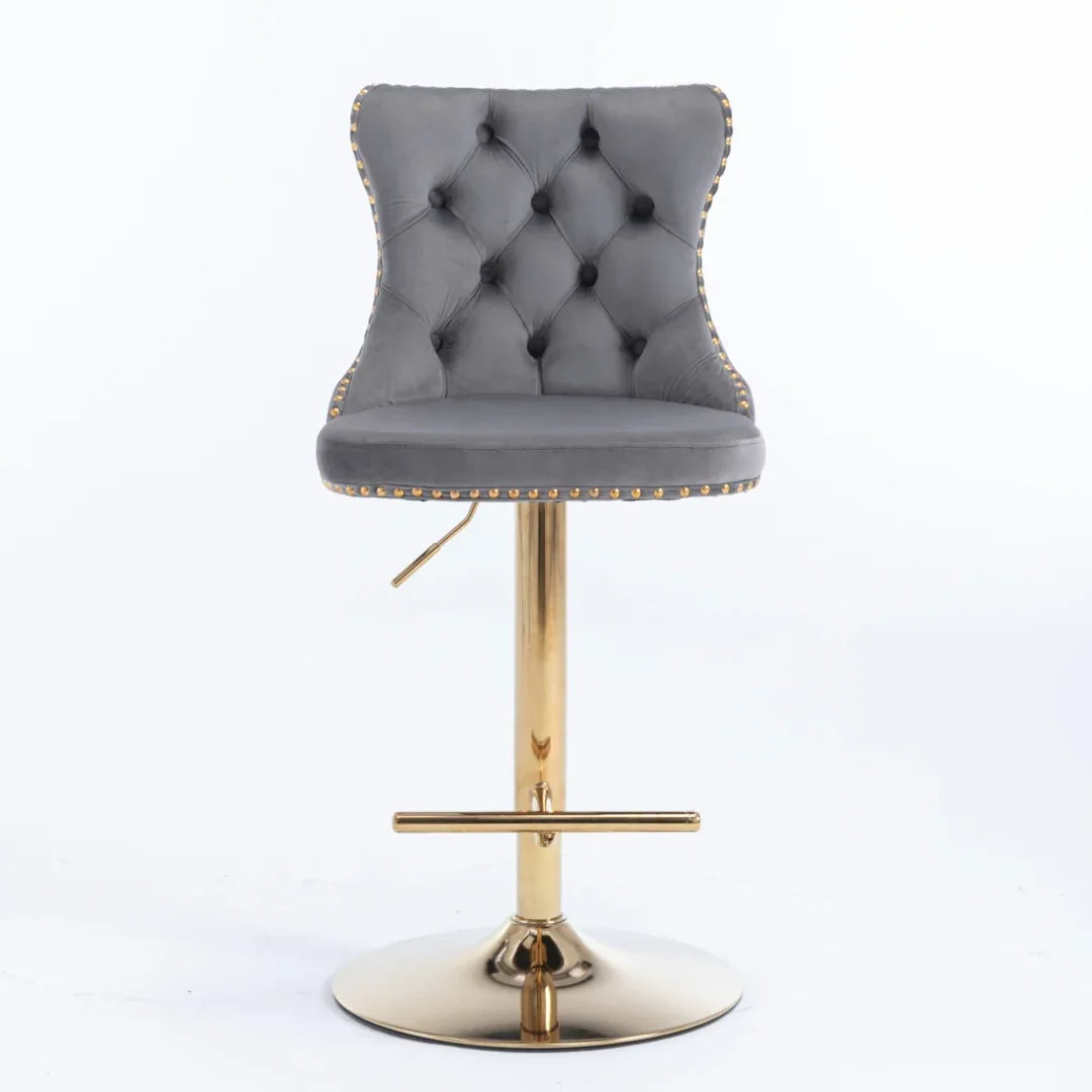 2x Height Adjustable Swivel Bar Stool Velvet Studs Barstool with Footrest and Golden Base- Grey - Mekamart Australia