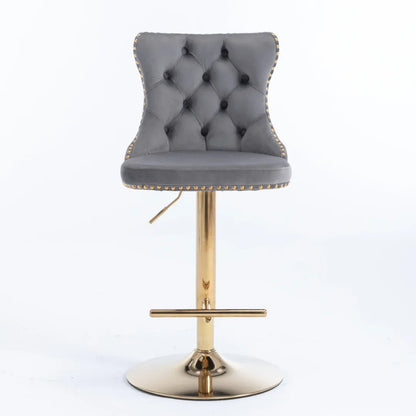 2x Height Adjustable Swivel Bar Stool Velvet Studs Barstool with Footrest and Golden Base- Grey - Mekamart Australia
