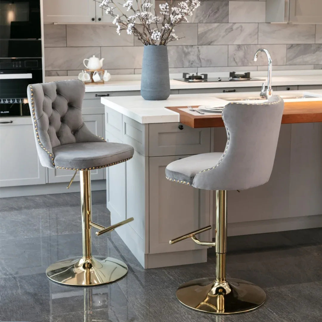 2x Height Adjustable Swivel Bar Stool Velvet Studs Barstool with Footrest and Golden Base- Grey - Mekamart Australia