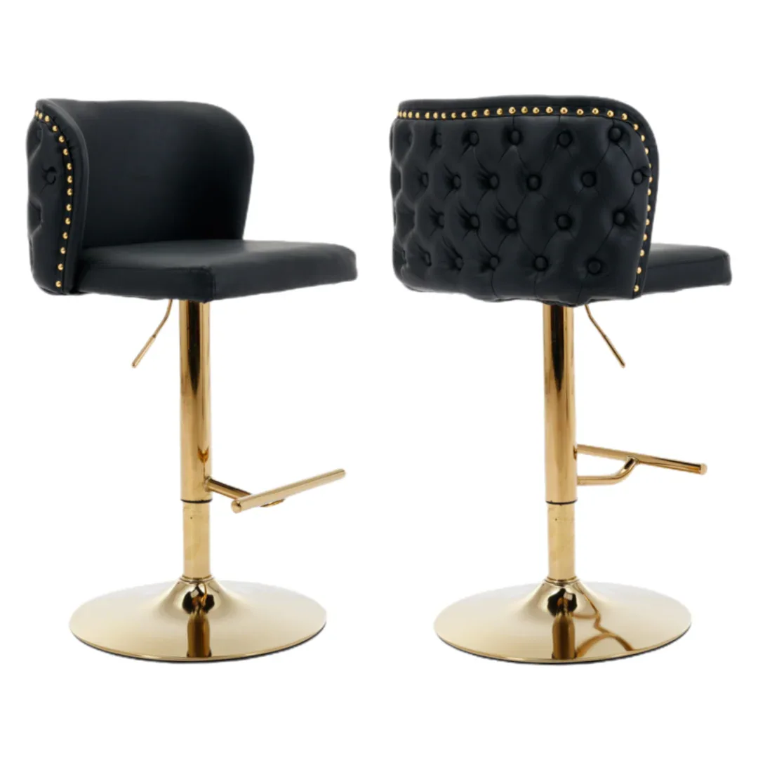 2x Faux Leather Golden Base Swivel Bar Stools- Black - Mekamart Australia