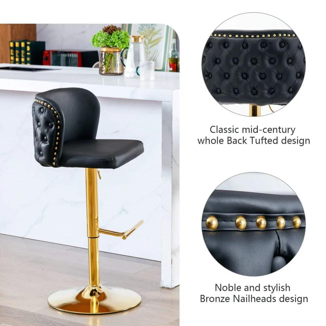 2x Faux Leather Golden Base Swivel Bar Stools- Black - Mekamart Australia