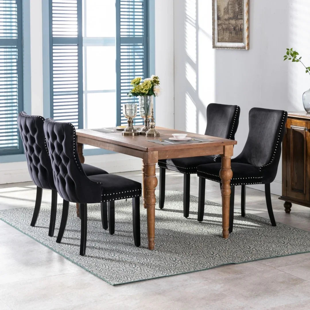 4x Velvet Upholstered Dining Tufted Chairs with Studs Trim and Solid Wood Legs-Black - Mekamart Australia