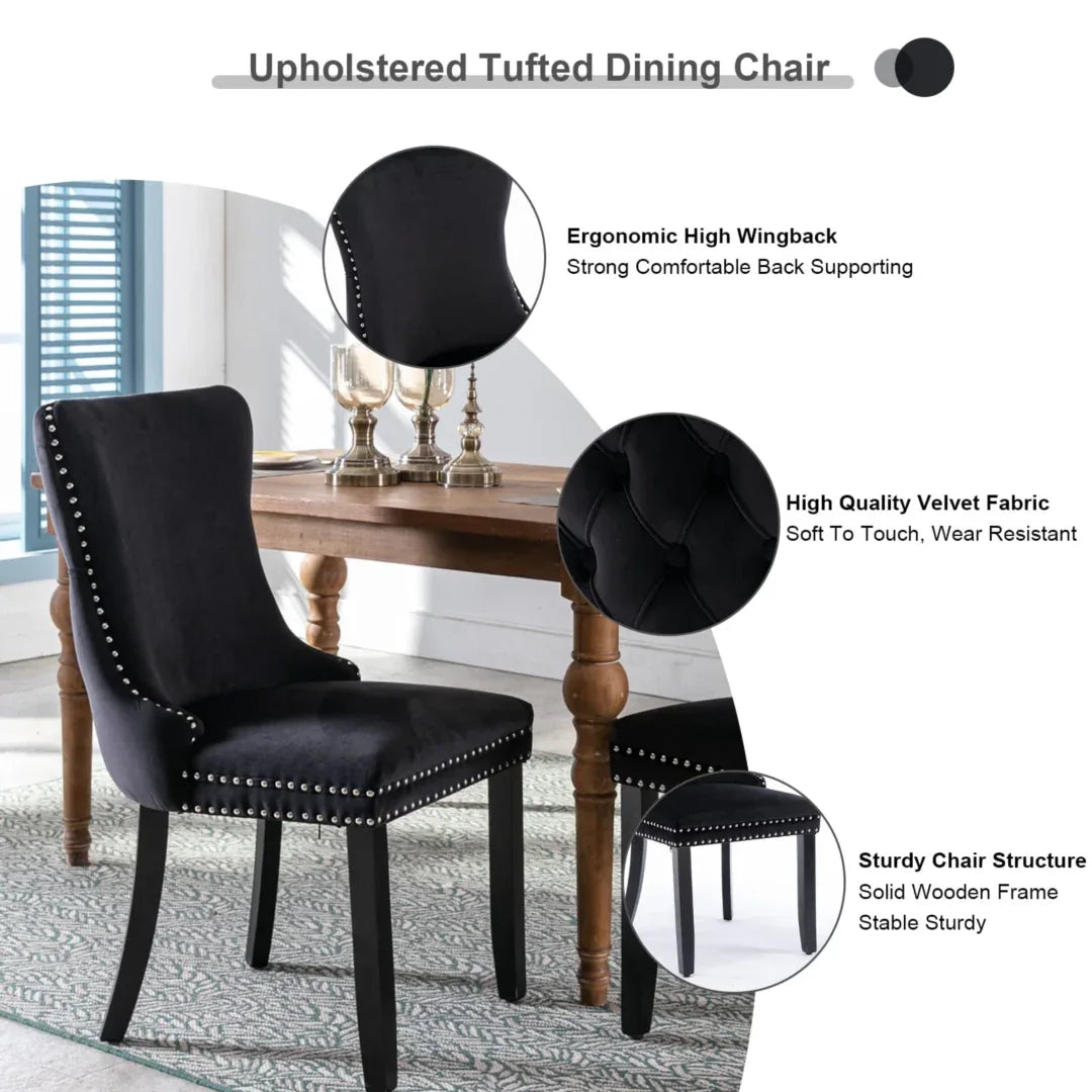 4x Velvet Upholstered Dining Tufted Chairs with Studs Trim and Solid Wood Legs-Black - Mekamart Australia