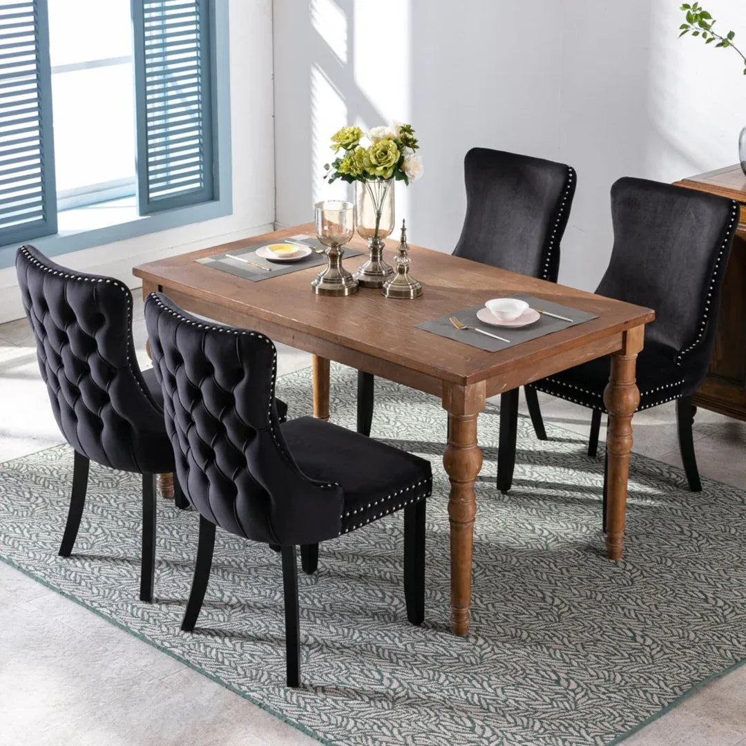 4x Velvet Upholstered Dining Tufted Chairs with Studs Trim and Solid Wood Legs-Black - Mekamart Australia