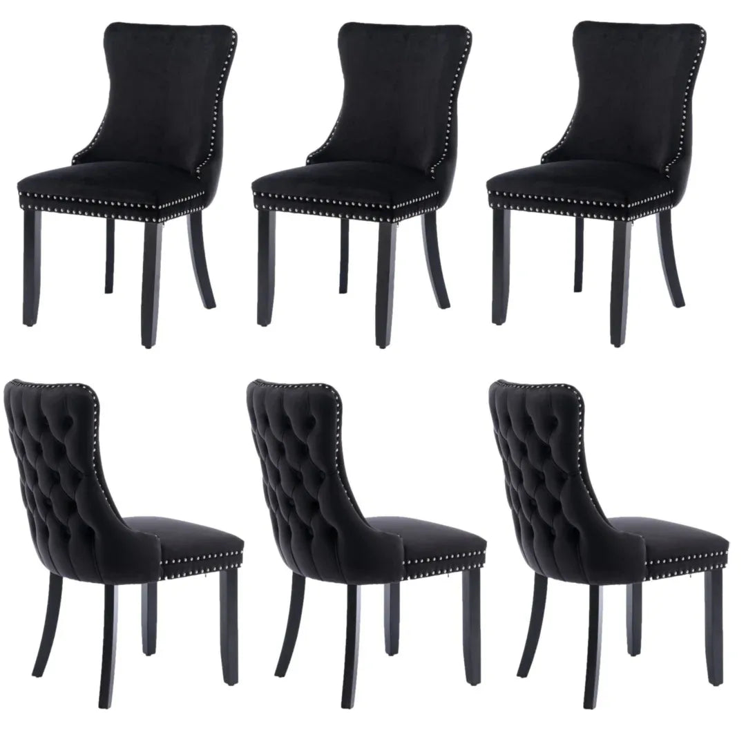 6x Velvet Upholstered Dining Tufted Chairs with Studs Trim and Solid Wood Legs-Black - Mekamart Australia
