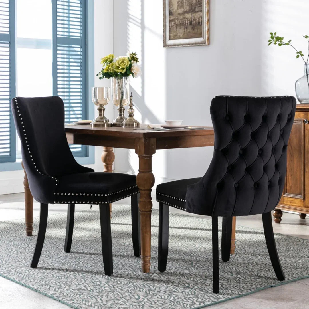 6x Velvet Upholstered Dining Tufted Chairs with Studs Trim and Solid Wood Legs-Black - Mekamart Australia