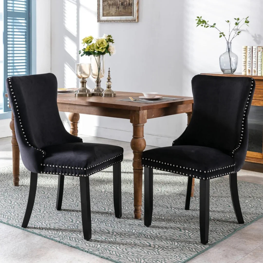 6x Velvet Upholstered Dining Tufted Chairs with Studs Trim and Solid Wood Legs-Black - Mekamart Australia