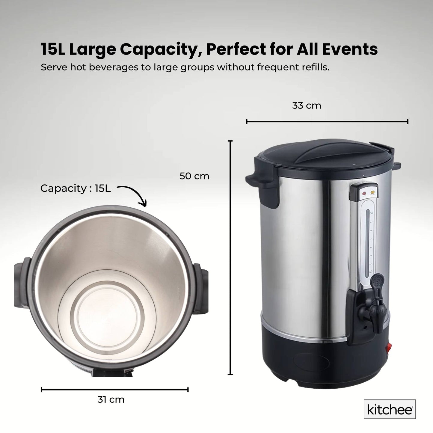Kitchee 15L Electric Water Boiler - Stainless Steel Commercial Hot Liquid Urn